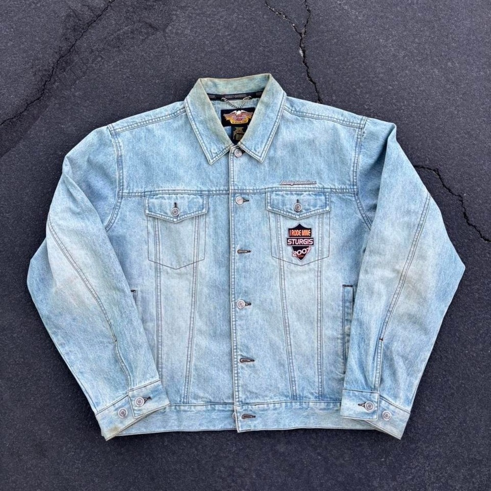 Vintage‎ Style 2007 Harley Davidson Denim Jean Jacket Sturgis Leather Patch